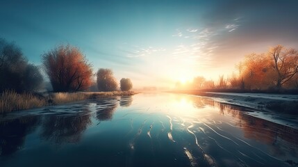 Beautiful landscape nature view sunrise morning with reflections light over water surface during twilight. Generative AI