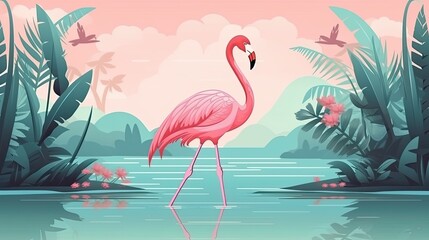 Beautiful flamingo in floral summer background. Illustration with tropical palm leaves. Generative AI