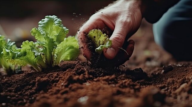 Farmer planting young seedlings of lettuce salad in the vegetable garden. Generative AI
