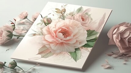 Wedding invitation illustration. Rose flower greeting card design. Pink floral design. Generative AI