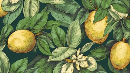 Branches with yellow lemons and green leaves illustration. Botanical painting. Generative AI