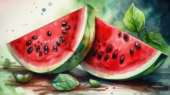 Watermelon fruit background. Illustration of juicy watermelon slices. Natural fresh fruit. Generative AI