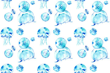 涼しげなクラゲの水彩イラスト。シームレスパターン。 © Keiko Takamatsu
