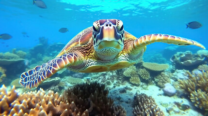 Obraz na płótnie Canvas sea turtle close up over coral reef in hawaii. ai generative.