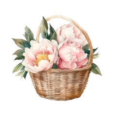 Wicker basket with pink peonies isolated on white background in watercolor style. Generative AI.