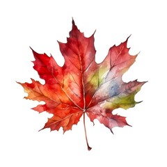 Fototapeta premium Watercolor illustration of a red maple leaf isolated on white background. Generative AI.