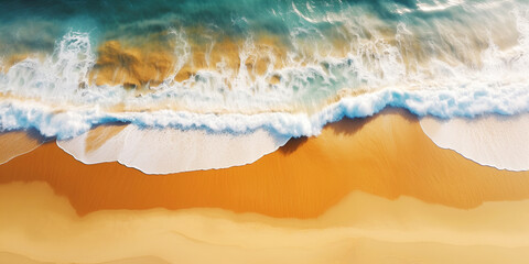 Fototapeta premium Ocean waves on sandy beach as a background. Aerial top down view of beach or sea with blue turqouise water 