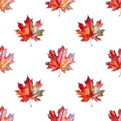 Naklejka na ściany i meble Seamless pattern with many red maple leaves isolated on white background in watercolor style. Generative AI.
