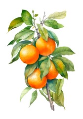 Watercolor illustration of a branch of ripe oranges isolated on white background. Generative AI.