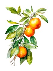 Watercolor illustration of a branch of ripe oranges isolated on white background. Generative AI.