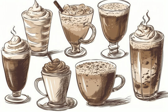 Coffee latte set. Ink sketch isolated on white background. Hand drawn vector illustration. Retro style, generative AI