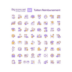 Tuition reimbursement RGB color icons set. Financial aid. Employee benefit. College education. Student loan. Isolated vector illustrations. Simple filled line drawings collection. Editable stroke
