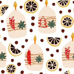 Candles and dried oranges Christmas seamless vector pattern. Hand drawn repeat pattern with winter motifs. Great as a background, wrapping paper, gift bag design.