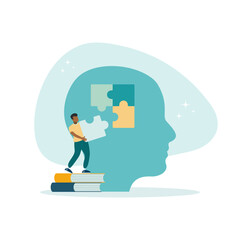 Mental health illustration. A character with a mental disorder struggles with stress, depression, burnout, and other psychological issues. The concept of psychotherapy. Vector illustration.
