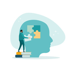 Mental health illustration. A character with a mental disorder struggles with stress, depression, burnout, and other psychological issues. The concept of psychotherapy. Vector illustration.
