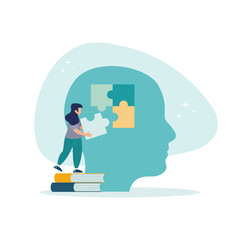 Mental health illustration. A character with a mental disorder struggles with stress, depression, burnout, and other psychological issues. The concept of psychotherapy. Vector illustration.
