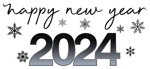 Obraz na płótnie Canvas Happy new year 2024. Kalligrafischer Gruß Vektor in Schwarz mit Schneeflocken. Weiser Hintergrund. Für Hintergründe, Kalender, Einladungen, Grußkarten etc.
