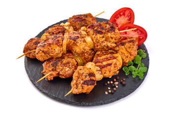 Raw pork skewers, ready to cook, kebab BBQ, isolated on white background.