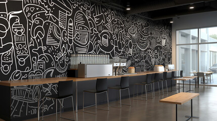 Coffee shop interior with a striking mural on one of the walls. Generative AI