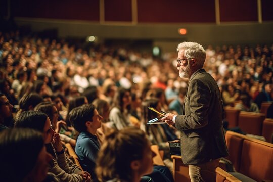 A knowledgeable professor conducts a seminar in a grand lecture hall, filled with eager students. The professor stands at the front of the room, gesturing. Generative Ai.