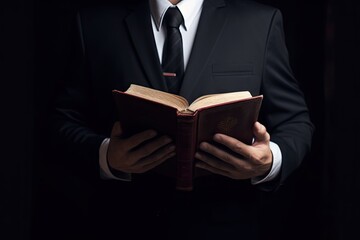 Businessman studying a book. Closeup of a male in a suit reading for work. Generative AI illustrations.