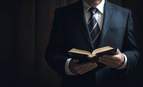 Businessman studying a book. Closeup of a male in a suit reading for work. Generative AI illustrations.