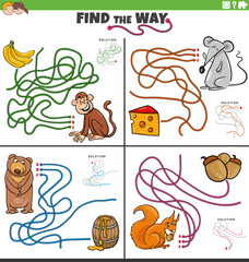 find the way maze game with cartoon animal characters