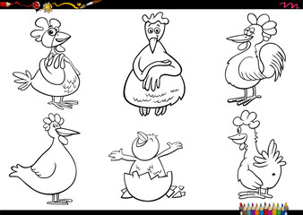 cartoon chickens farm animal characters set coloring page