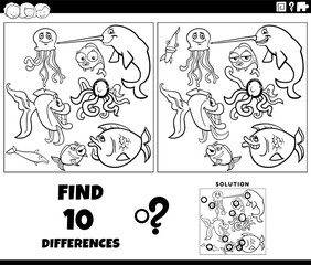 differences game with cartoon marine animals coloring page