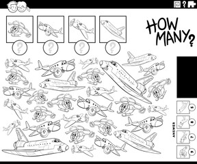 how many cartoon flying machines counting game coloring page
