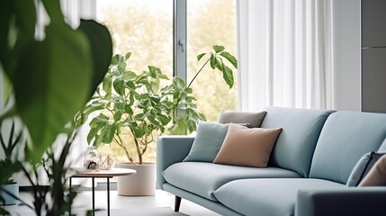 Modern living room with sofa, green plants, window created with Generative AI technology