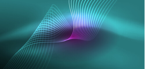 Fototapeta premium Shiny glowing neon wave. Neon light or laser show, electric impulse, power lines, techno quantum energy impulse, magic glowing dynamic lines