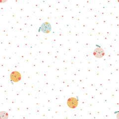Peach, pink orange character seamless pattern with smiley face fruit on a polka dot background. Hand-drawn cartoon doodle in simple naive style. Vector illustrations in a pastel palette for kids.