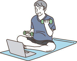オンラインでトレーニングをするシニア男性
