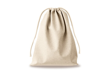 Cotton burlap bag with drawstring Mock up isolated on grey background. Zero waste concept. 3d rendering.	