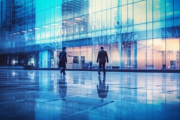 Fototapeta na wymiar Business people walking next to an office building, with a blue theme color palette. The artwork captures the professional and dynamic environment of the corporate world. Ai generated