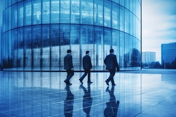Business people walking next to an office building, with a blue theme color palette. The artwork captures the professional and dynamic environment of the corporate world. Ai generated