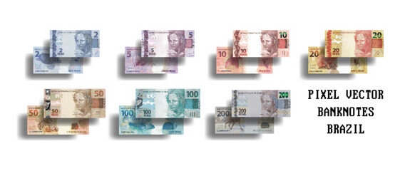 Vector set of pixelated mosaic banknotes of Brazil. Brazilian cash. The denomination of bills is 2, 5, 10, 20, 50, 100 and 200 reais. - obrazy, fototapety, plakaty