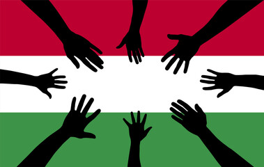 Group of Hungary people gathering hands vector silhouette, unity or support idea