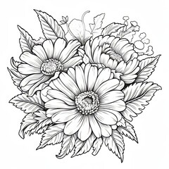 a bouquet of flowers with leaves on a white background