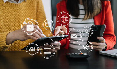 Hand touching Secure Access Service Edge icon on virtual screen background, password, network, framework and support technology in office. SASE secure access service edge concept.