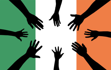 Group of Ireland people gathering hands vector silhouette, unity or support idea
