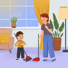 little boy helping his mother in housework , cleaning house