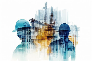 Construction site with workers and cranes, created using a double exposure technique with blue and orange colors. The artwork conveys the sense of progress and growth. Ai generated