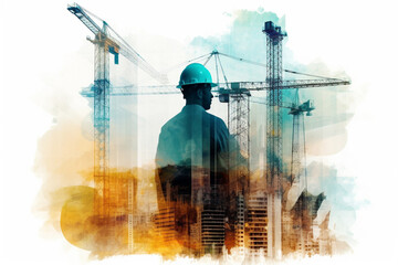 Construction site with workers and cranes, created using a double exposure technique with blue and orange colors. The artwork conveys the sense of progress and growth. Ai generated