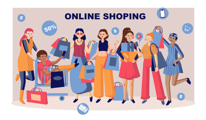 Fototapeta premium Female shoppers purchasing discounted garments online