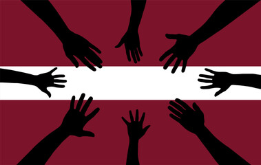 Group of Latvia people gathering hands vector silhouette, unity or support idea