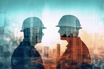 Construction site with workers and cranes, created using a double exposure technique with blue and orange colors. The artwork conveys the sense of progress and growth. Ai generated