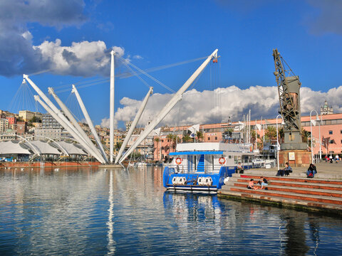 Genoa, Italy - 04 02 2023 : Boats and Bigo in Genoa old port. 