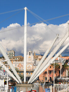 Genoa, Italy - 04 02 2023 : Boats and Bigo in Genoa old port. 